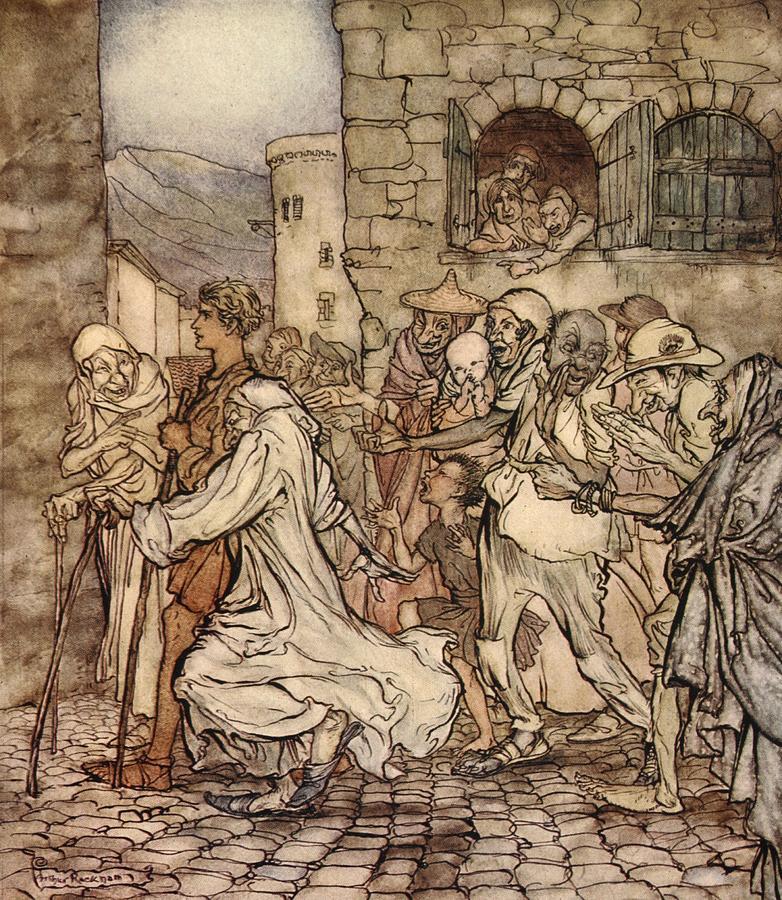 As Perseus Walked Along The People Drawing by Arthur Rackham