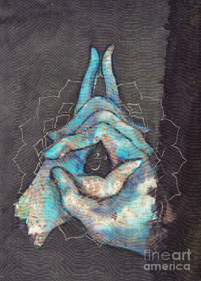 Tilly Campbell Allen Painting - Ascension - crown blue hand chakra mudra #1 by Silk Alchemy