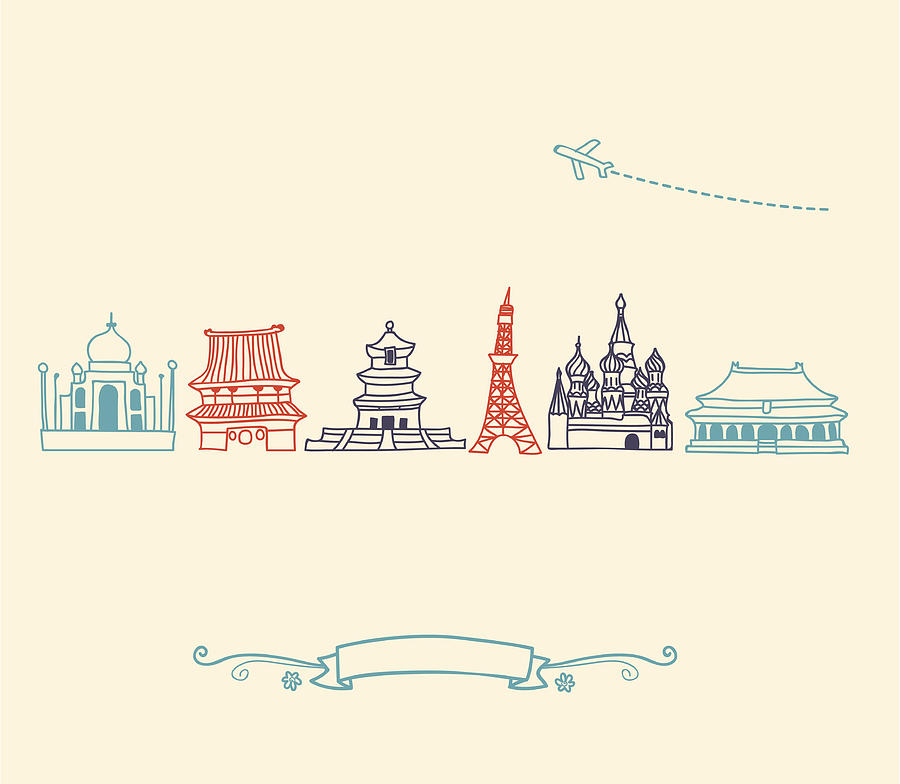 Asia Icons, landmarks and travel destinations cityscape set Drawing by Ceneri