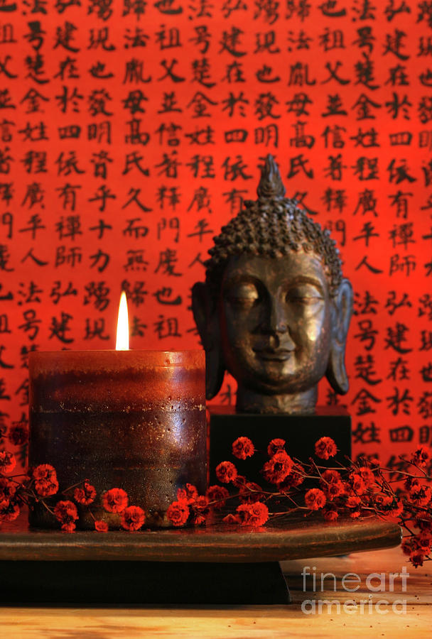 Asian candle with red orential background Photograph by Sandra Cunningham