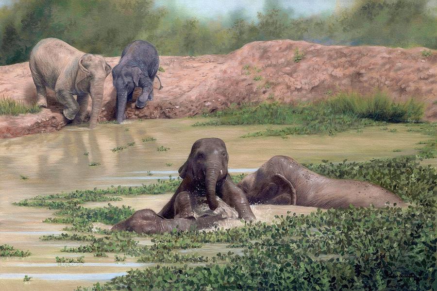 Asian Elephants - In support of Boon Lotts Elephant Sanctuary Painting by Rachel Stribbling