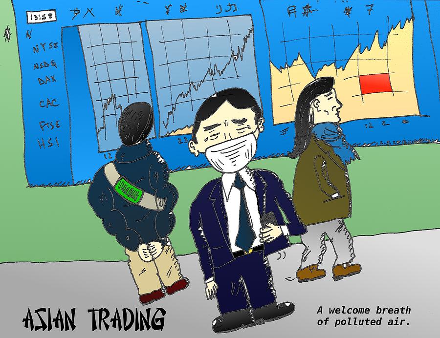 Asian markets and air pollution cartoon Mixed Media by OptionsClick BlogArt  - Fine Art America