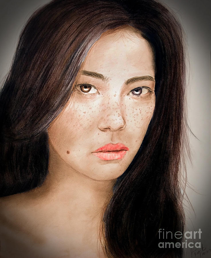 Asian Model with Freckles Fade to Black Drawing by Jim Fitzpatrick