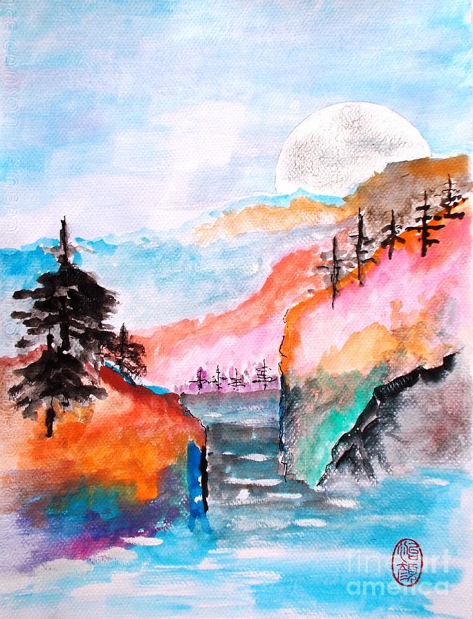 Asian Moonscape Painting by Thea Recuerdo
