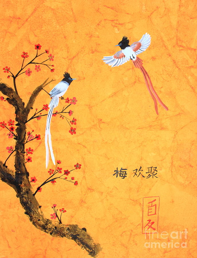Nature Painting - Asian Paradise flycatcher on Plum Blossoms by Greeshma Manari