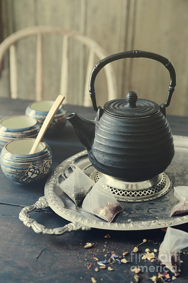 Still Life Photograph - Asian teapot with cups and herbal bags of tea by Sandra Cunningham