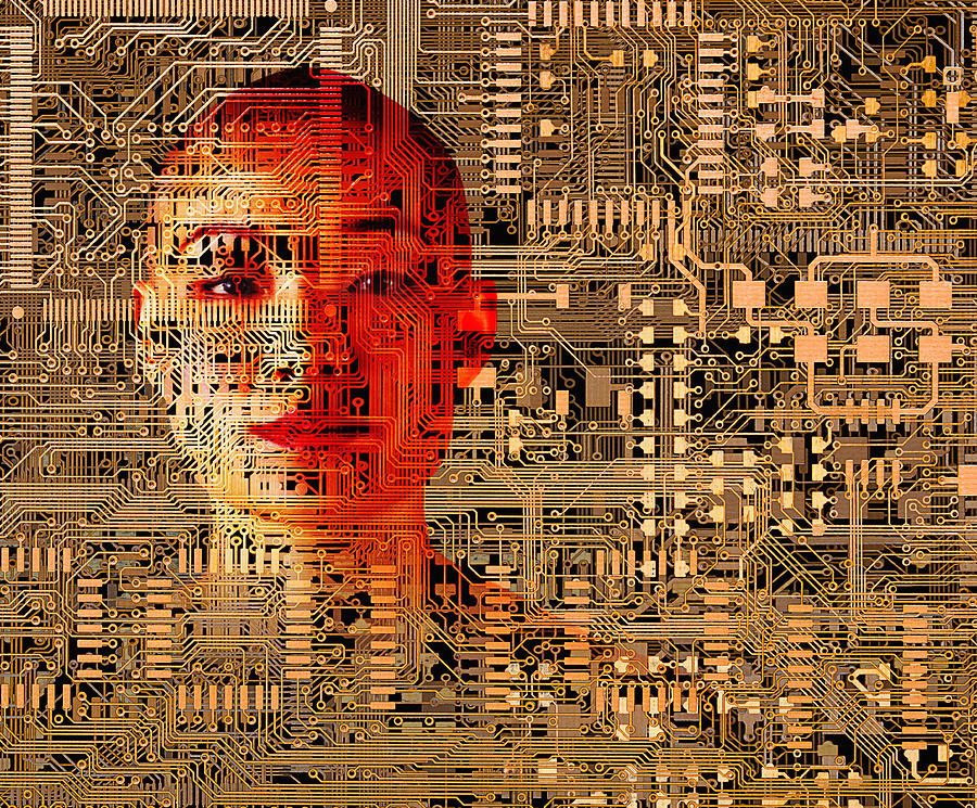 Asian woman over microchip circuits Photograph by John M Lund Photography Inc
