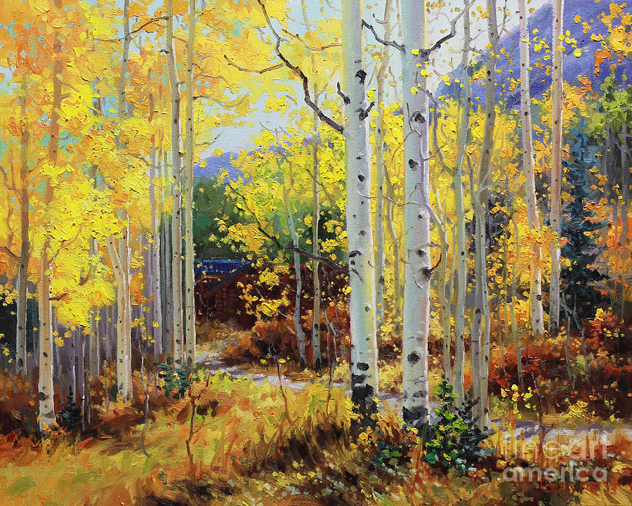 Fall Painting - Aspen Cabin by Gary Kim