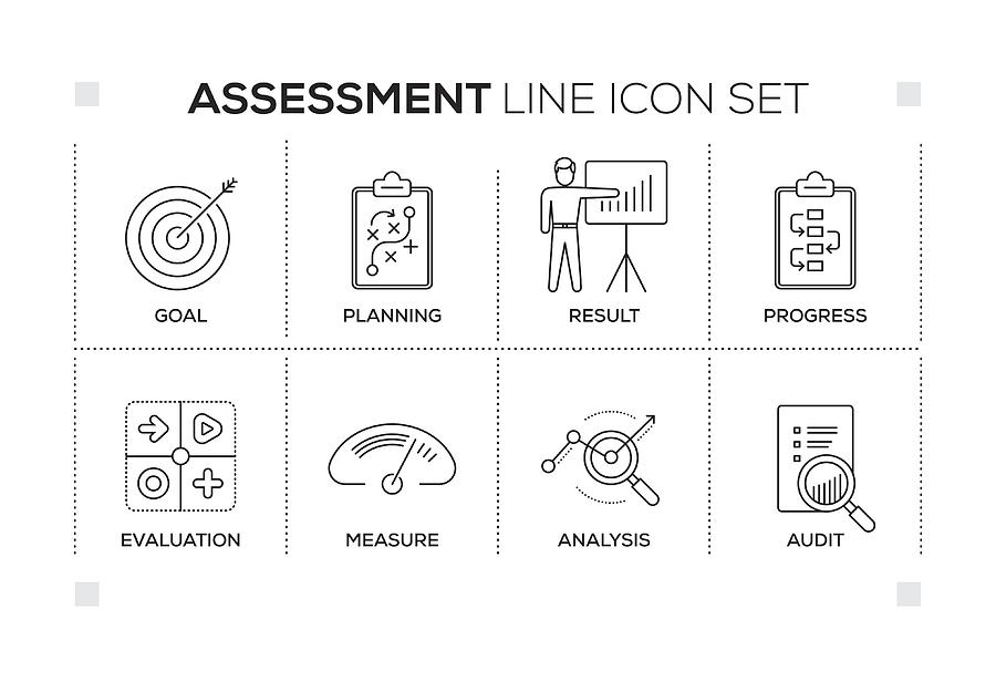 Assessment keywords with monochrome line icons Drawing by Enis Aksoy