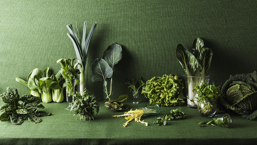 Assorted green vegetables on green table Photograph by Larry Washburn