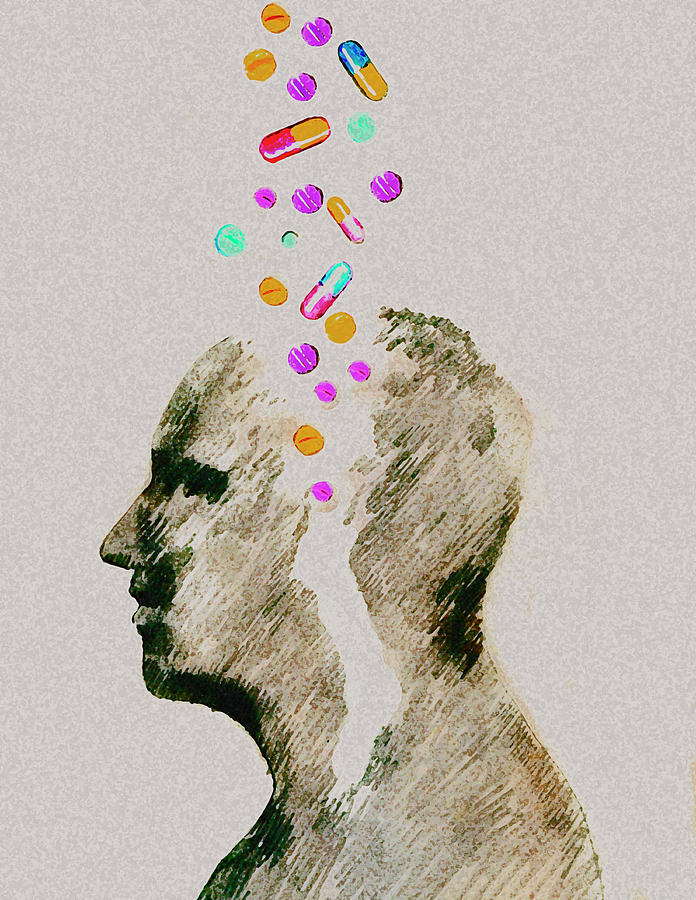 Assorted Pills Falling Into Mans Head Photograph by Ikon Ikon Images
