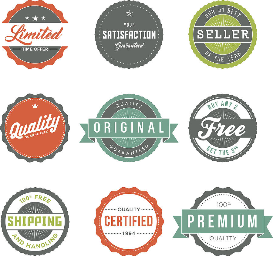 Assorted Retro Product Marketing Labels Icon Set Drawing by Bortonia