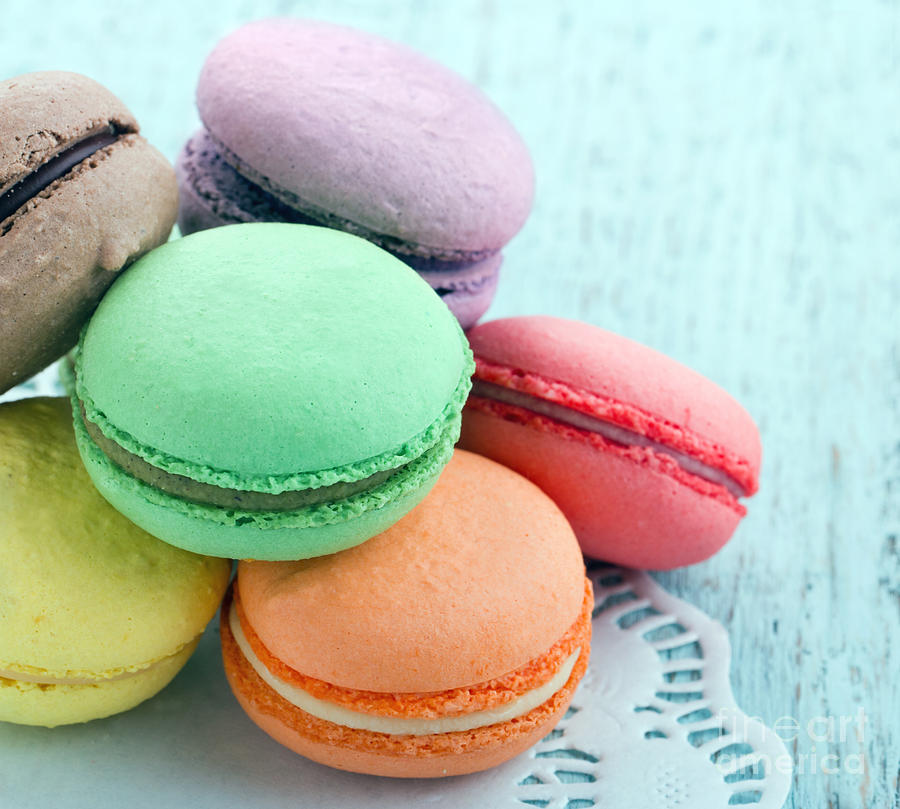 Cake Photograph - Assortment of pastel color macaroons by Anna-Mari West