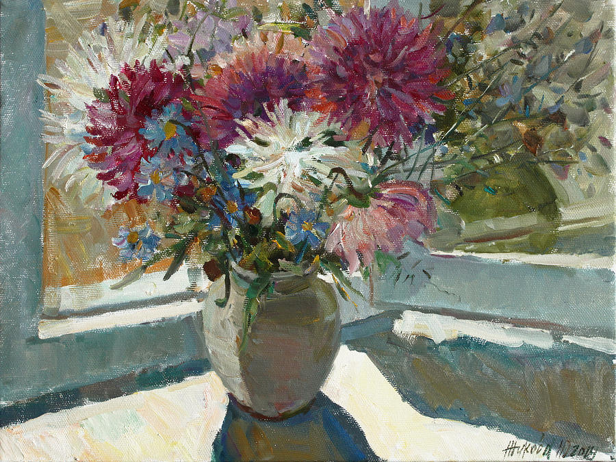 Asters on the window Painting by Juliya Zhukova