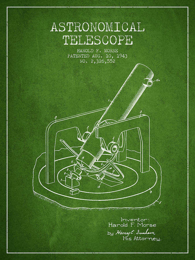 Space Digital Art - Astronomical Telescope patent from 1943 - Green by Aged Pixel