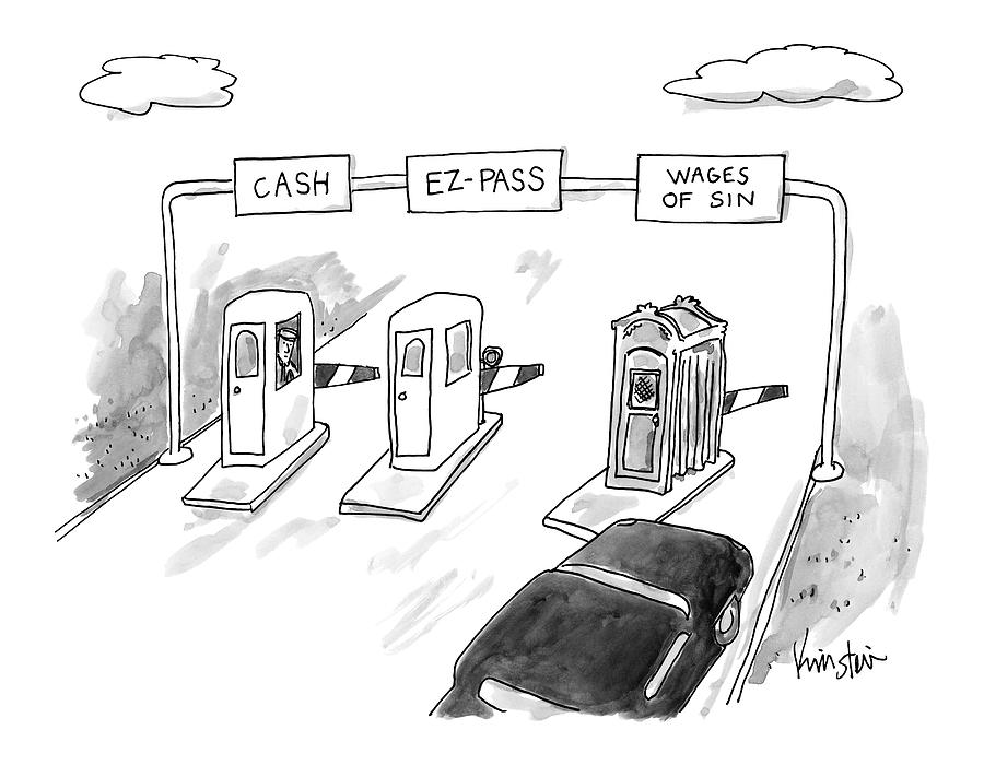 At A Toll, A Black Car Goes Through A Booth Drawing by Ken Krimstein