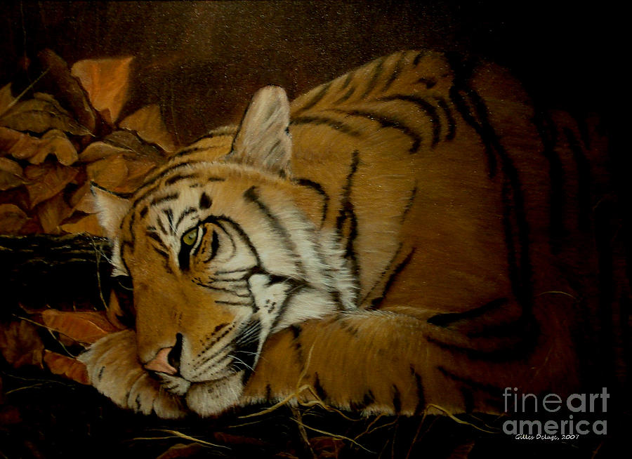 Tiger Painting - At rest by Gilles Delage