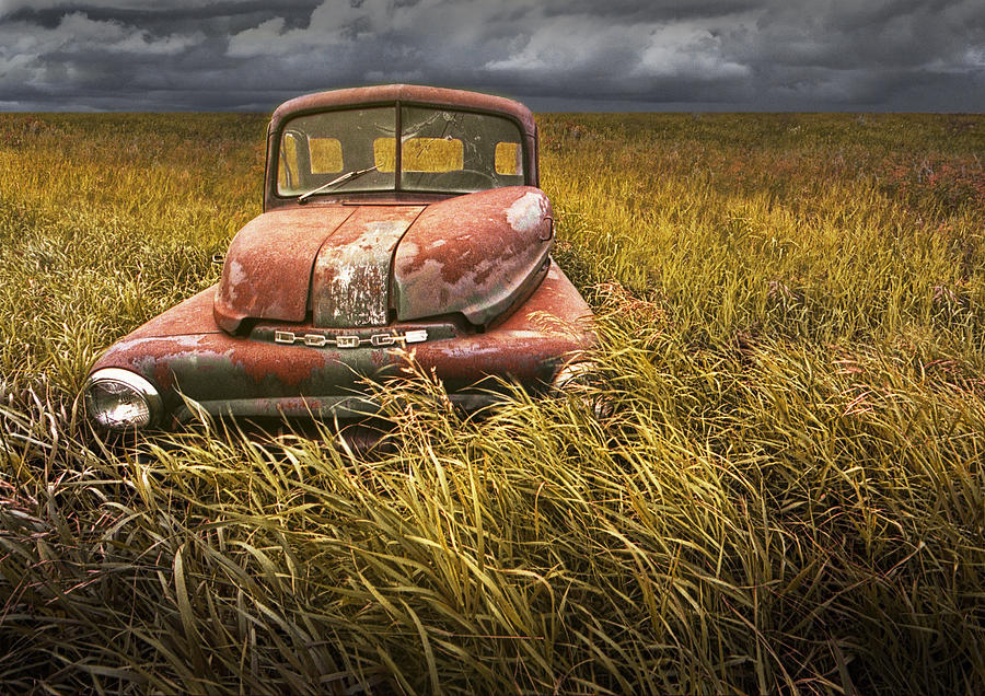 Vintage Photograph - At Roads End - A Photograph of an Abandoned Dodge Auto on the Prairie by Randall Nyhof
