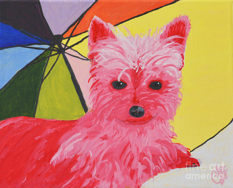 At the beach pink pampered pooch Painting by Christine Dekkers