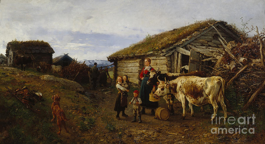 At the summer mountain pasture Painting by Anders Askevold