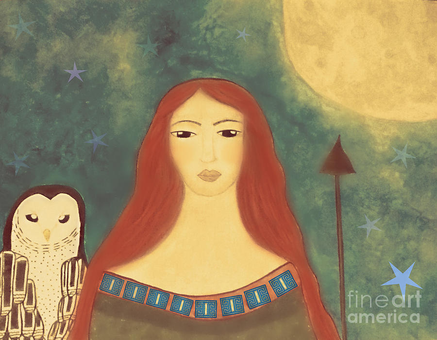 Owl Painting - Athena Goddess Folk Art by Sacred  Muse