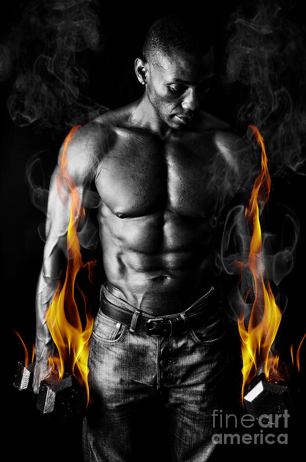 Black And White Photograph - Athletic Muscular young man with Weights on Fire for Motivation  by Jt PhotoDesign