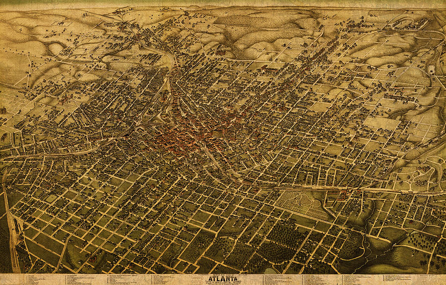 Atlanta Georgia City Schematic Street Map 1892 on Recovered Worn ...