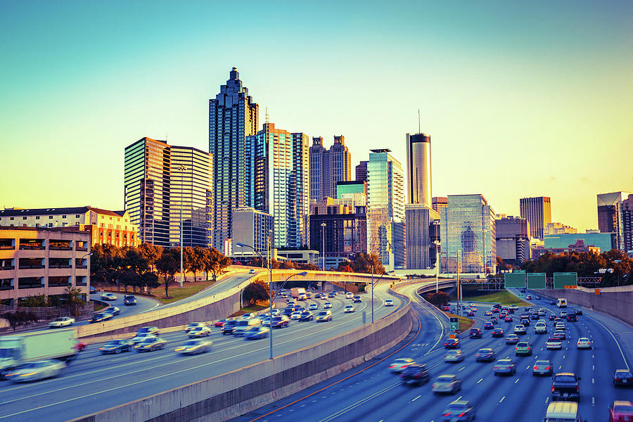 Atlanta Skyline And Highway At Sunset Photograph by Moreiso