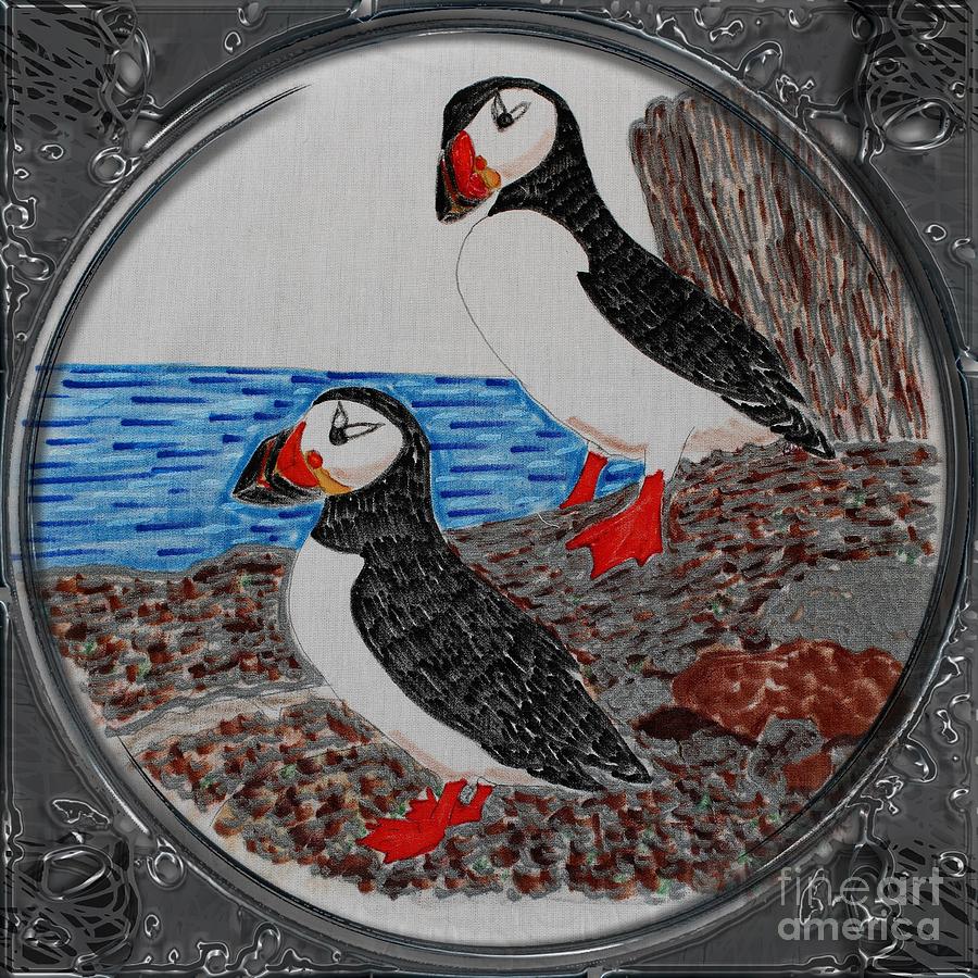 Atlantic Puffins - Porthole Vignette Drawing by Barbara A Griffin