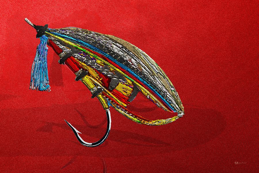 Atlantic Salmon Dry Fly on Red Digital Art by Serge Averbukh