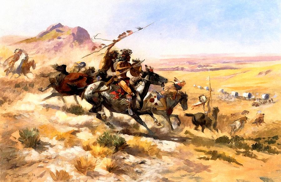 Attack On A Wagon Train Digital Art by Charles Russell