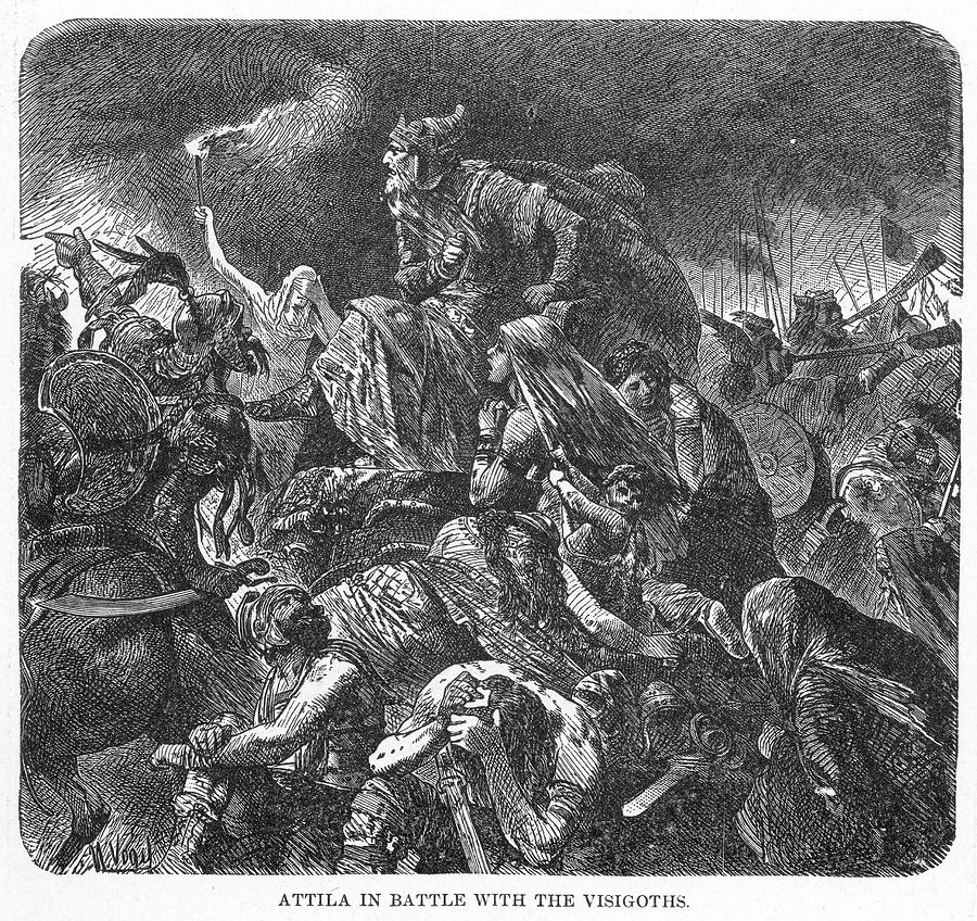 Attila And His Huns In Battle Drawing by Granger