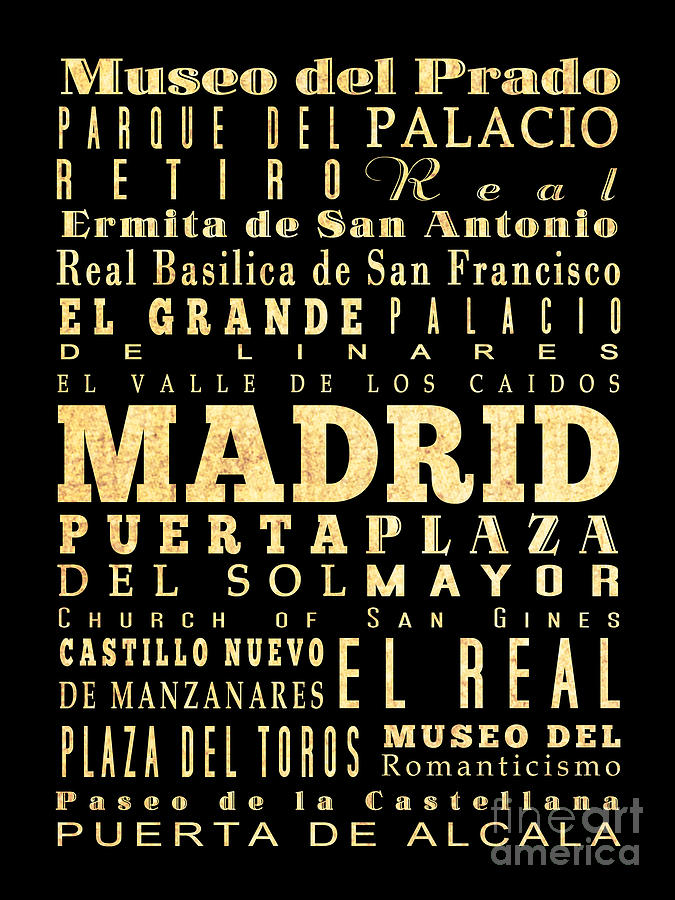 Typography Digital Art - Attraction and Famous Places of Madrid Spain by Joy House Studio