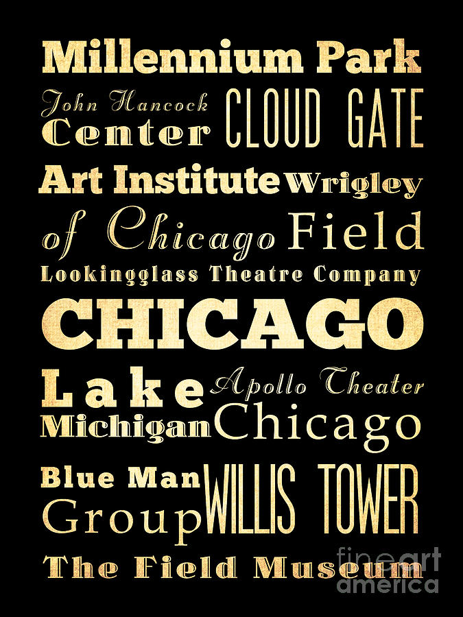 Typography Digital Art - Attractions and Famous Places of Chicago Illinois by Joy House Studio