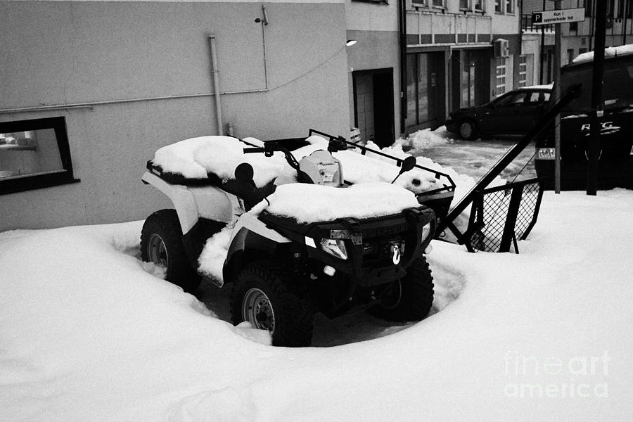 Transportation Photograph - atv quad covered in snow Honningsvag finnmark norway europe by Joe Fox