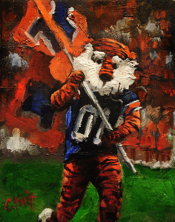 Football Painting - Aubie Running Flags by Carole Foret