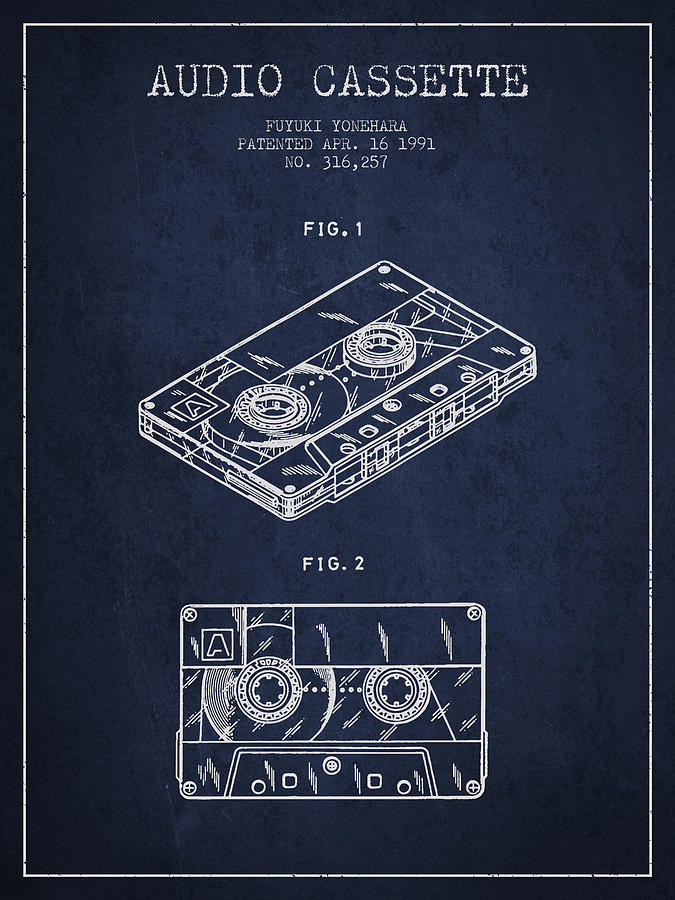 Music Digital Art - Audio Cassette Patent from 1991 - Navy Blue by Aged Pixel