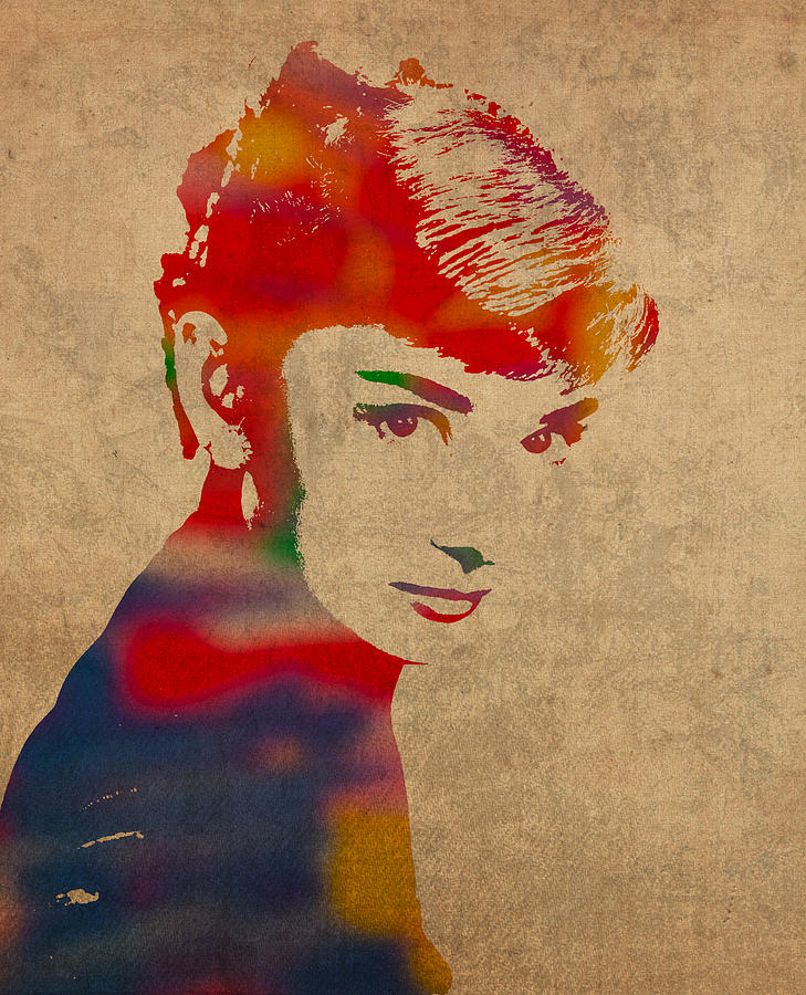 Audrey Hepburn Watercolor Portrait on Worn Distressed Canvas Mixed Media by Design Turnpike