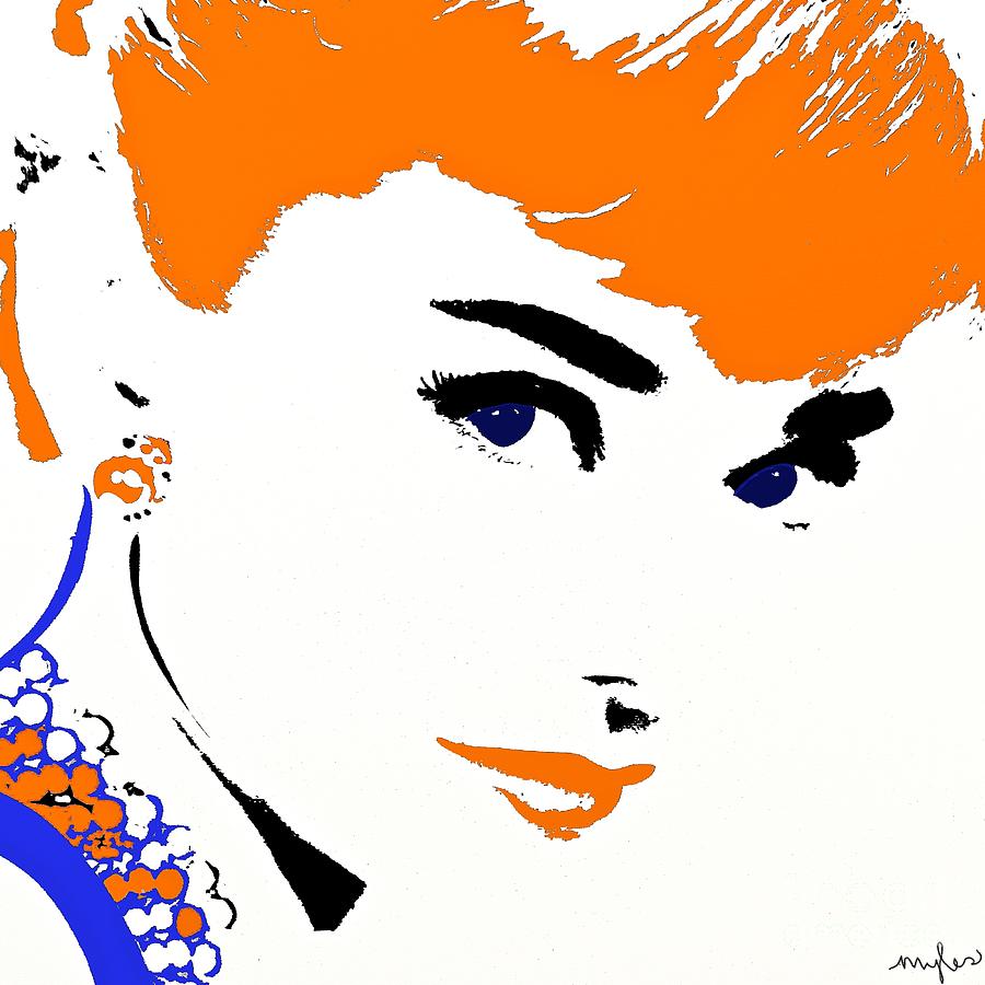 Audrey So Beautiful in Orange and Blue Painting by Saundra Myles