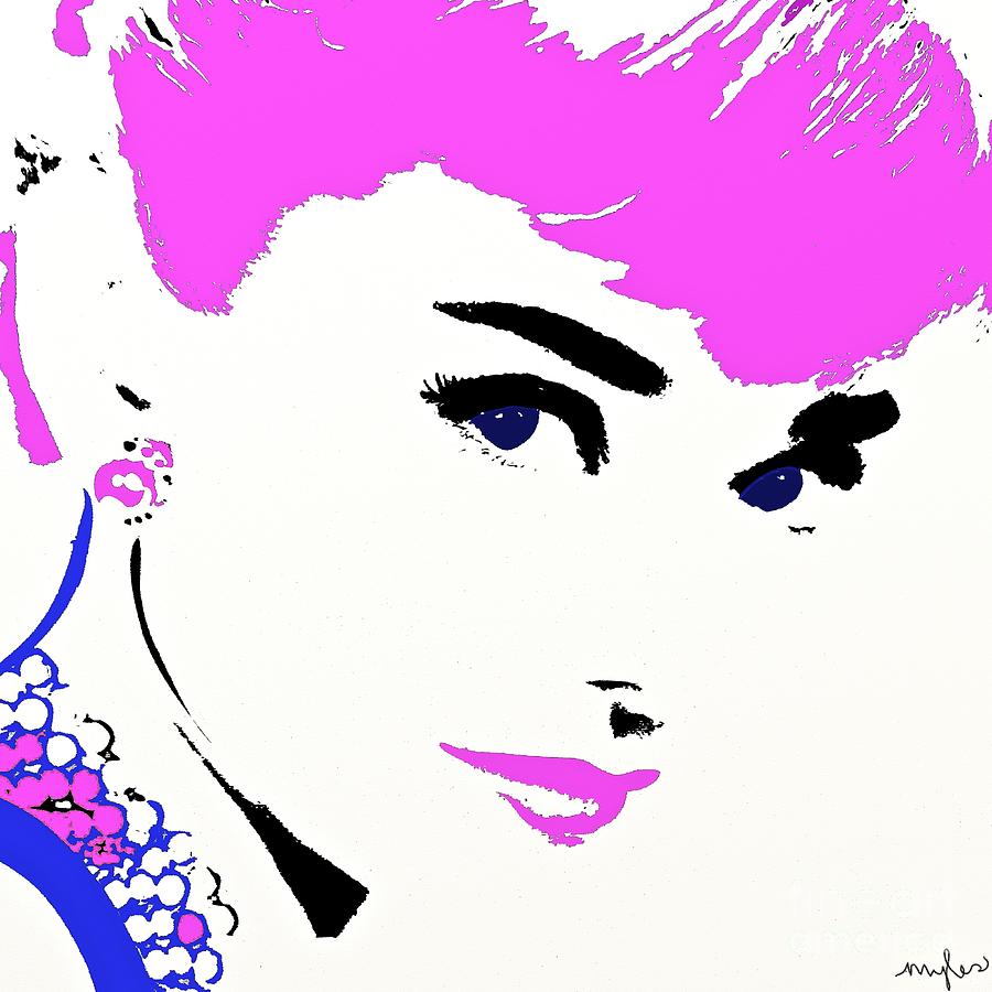 Audrey So Beautiful in Pink and Blue Painting by Saundra Myles