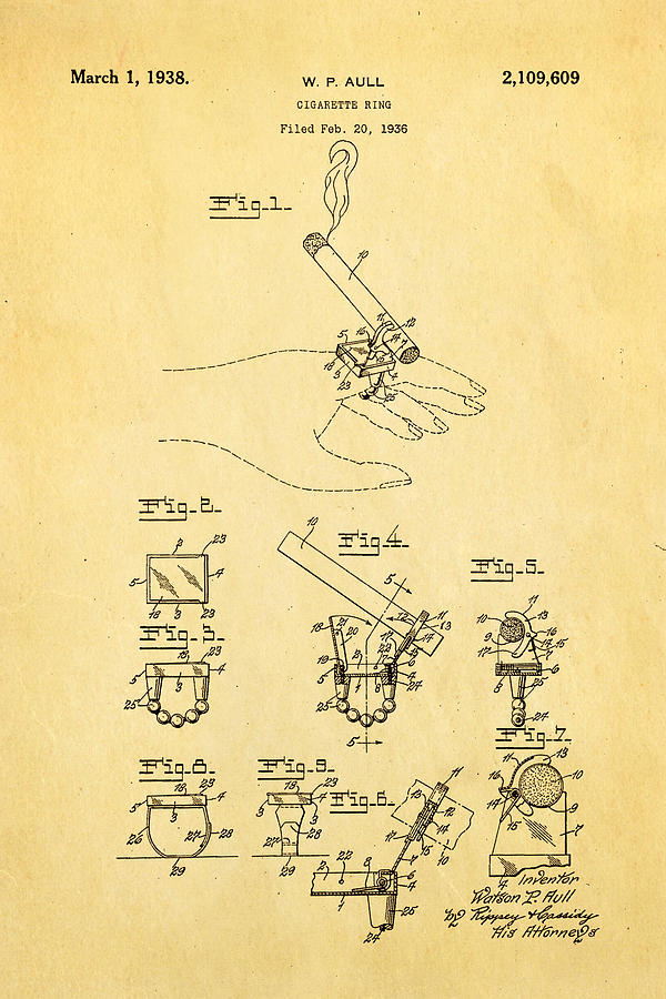 Unique Photograph - Aull Cigarette Ring Patent Art 1938 by Ian Monk