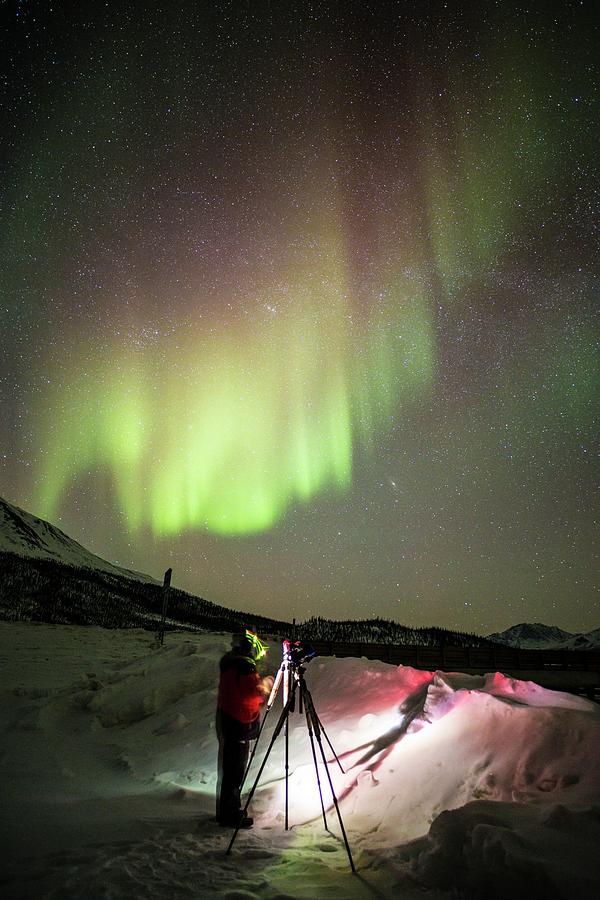 Mountain Photograph - Aurora Borealis And Photographer by Chris Madeley