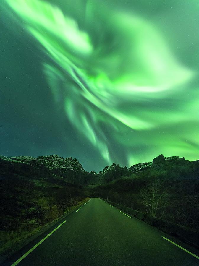 Aurora Borealis Over A Road Photograph by Tommy Eliassen/science Photo Library