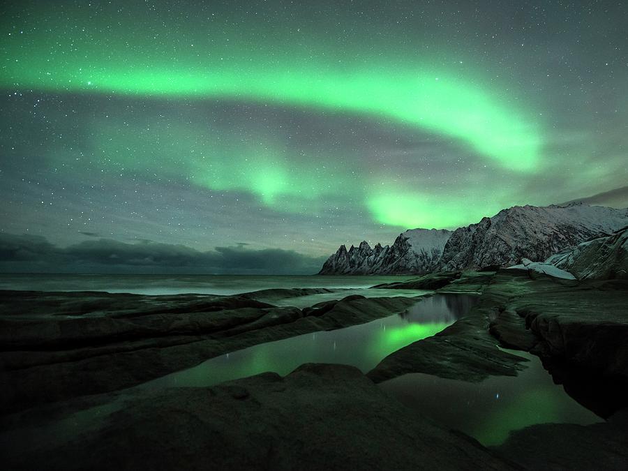 Aurora Borealis Over Coastal Mountains Photograph by Tommy Eliassen/science Photo Library