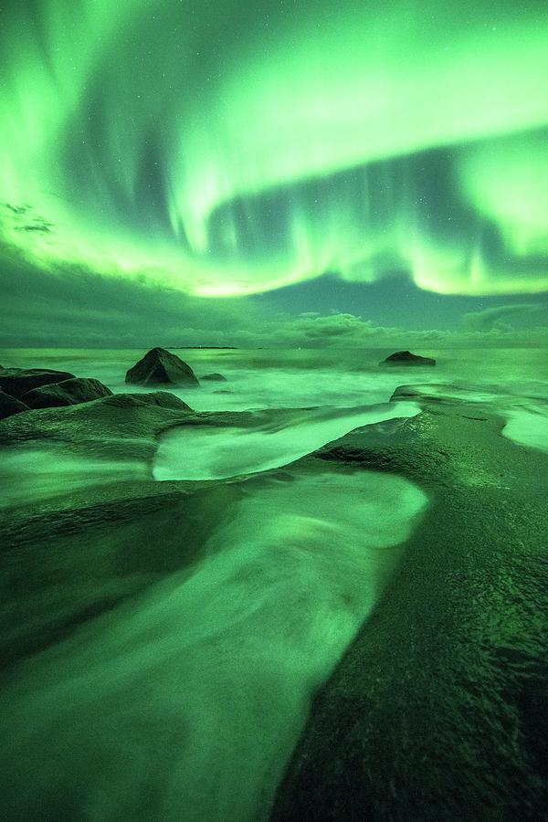 Aurora Borealis Over Coastal Rocks Photograph by Tommy Eliassen/science Photo Library
