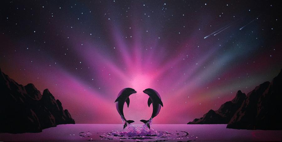 Dolphin Painting - Aurora Borealis with two Dolphins by Thomas Kolendra