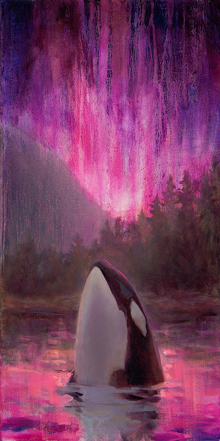 Black And White Painting - Orca Whale and Aurora Borealis - Killer Whale - Northern Lights - Seascape - Coastal Art by K Whitworth