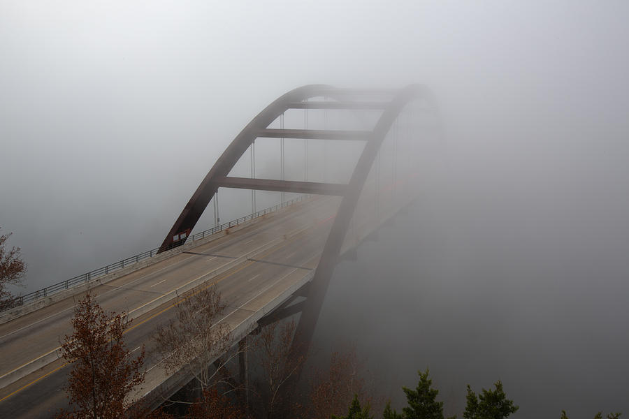 Black And White Photograph - Austin Images - Pennybacker Bridge in Morning Fog 7 by Rob Greebon