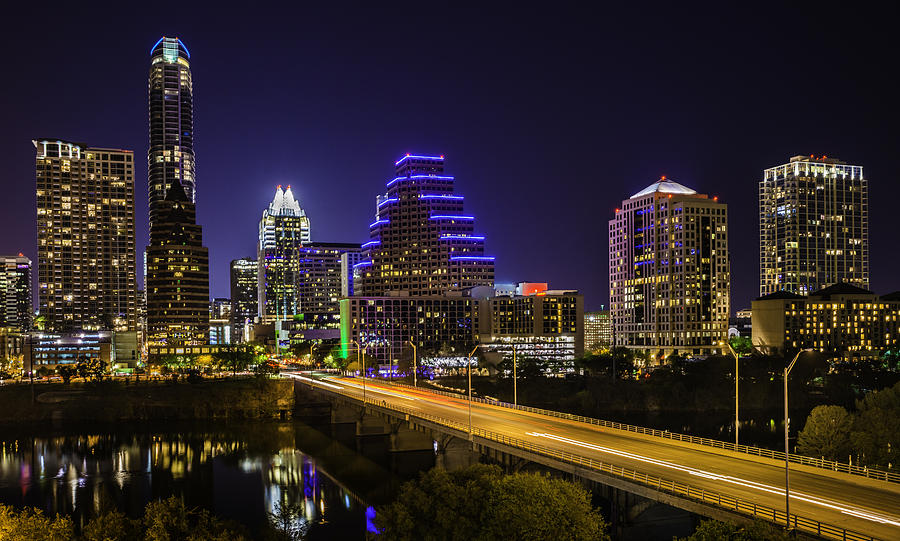 Austin Texas evening excitement cityscape, skyline, skyscrapers, Congress Avenue Bridge Photograph by Dszc