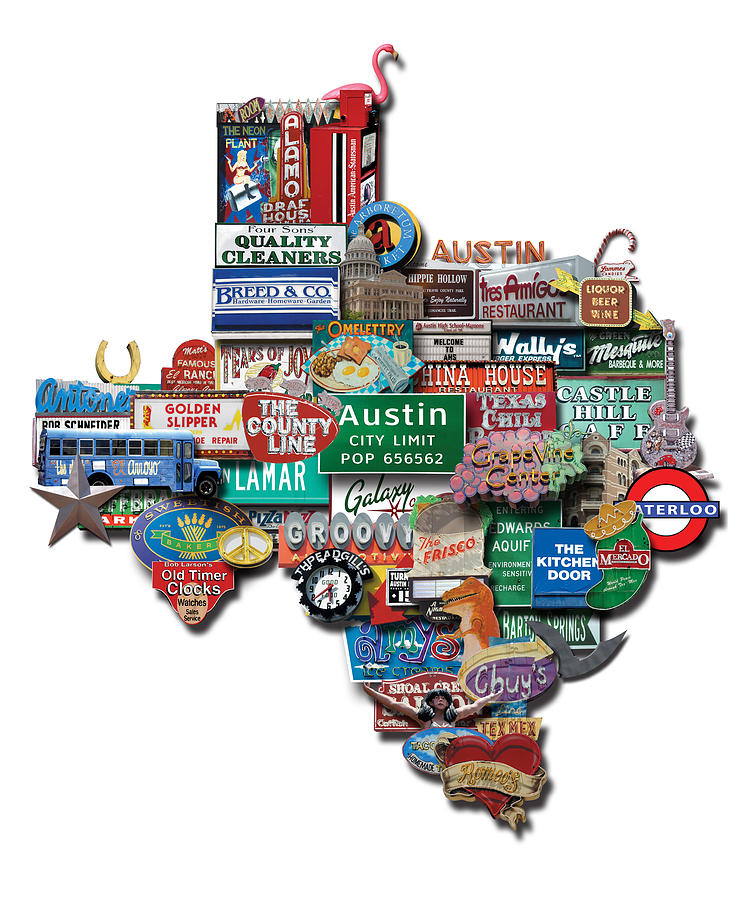 Austin Digital Art - Austin - Texas Shaped Photomontage by Sort Of Cool